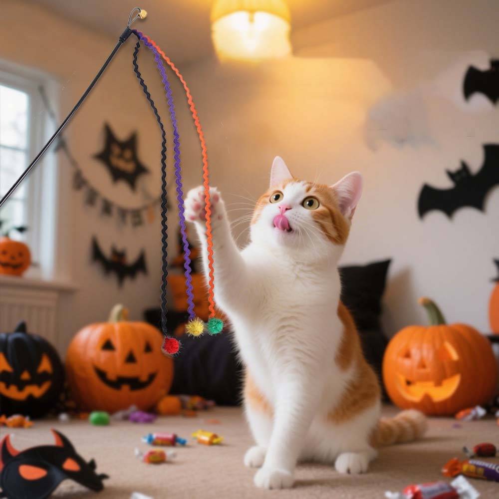 Orange-und-weißer Kater schlägt nach bunten baumelnden Spielzeugen in einem Halloween-dekorierten Raum mit Kürbislaternen und Fledermaus-Ausschnitten.