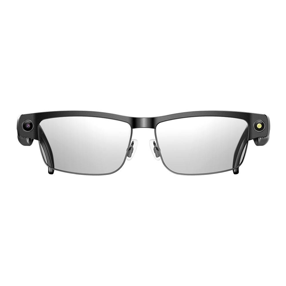 Schwarze intelligente Brille mit Kameras auf beiden Bügeln und klaren Gläsern auf weißem Hintergrund.