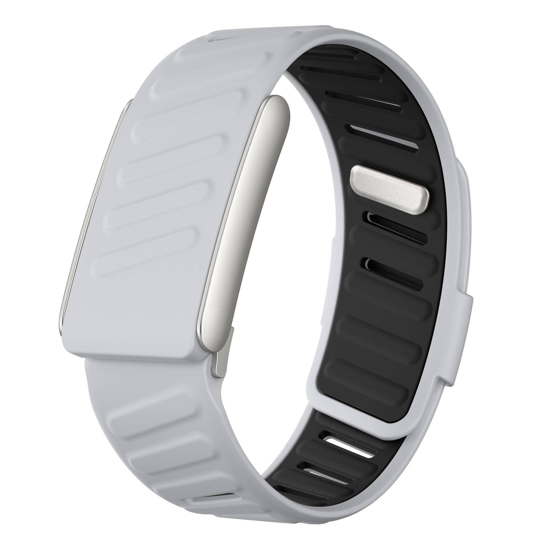 Hellgraues und schwarzes Fitness-Tracker-Armband in einer produktstilisierten Ansicht auf weißem Hintergrund.