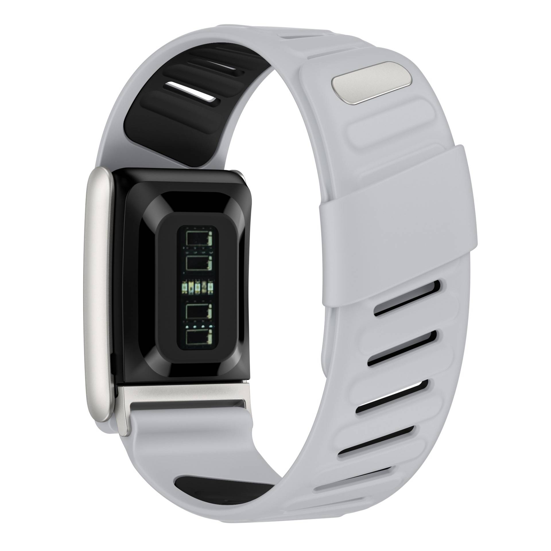 Ein weißes Fitness-Tracker-Armband mit schwarzem rechteckigem Display und grauer Schließe, gezeigt auf einem einfachen Hintergrund.