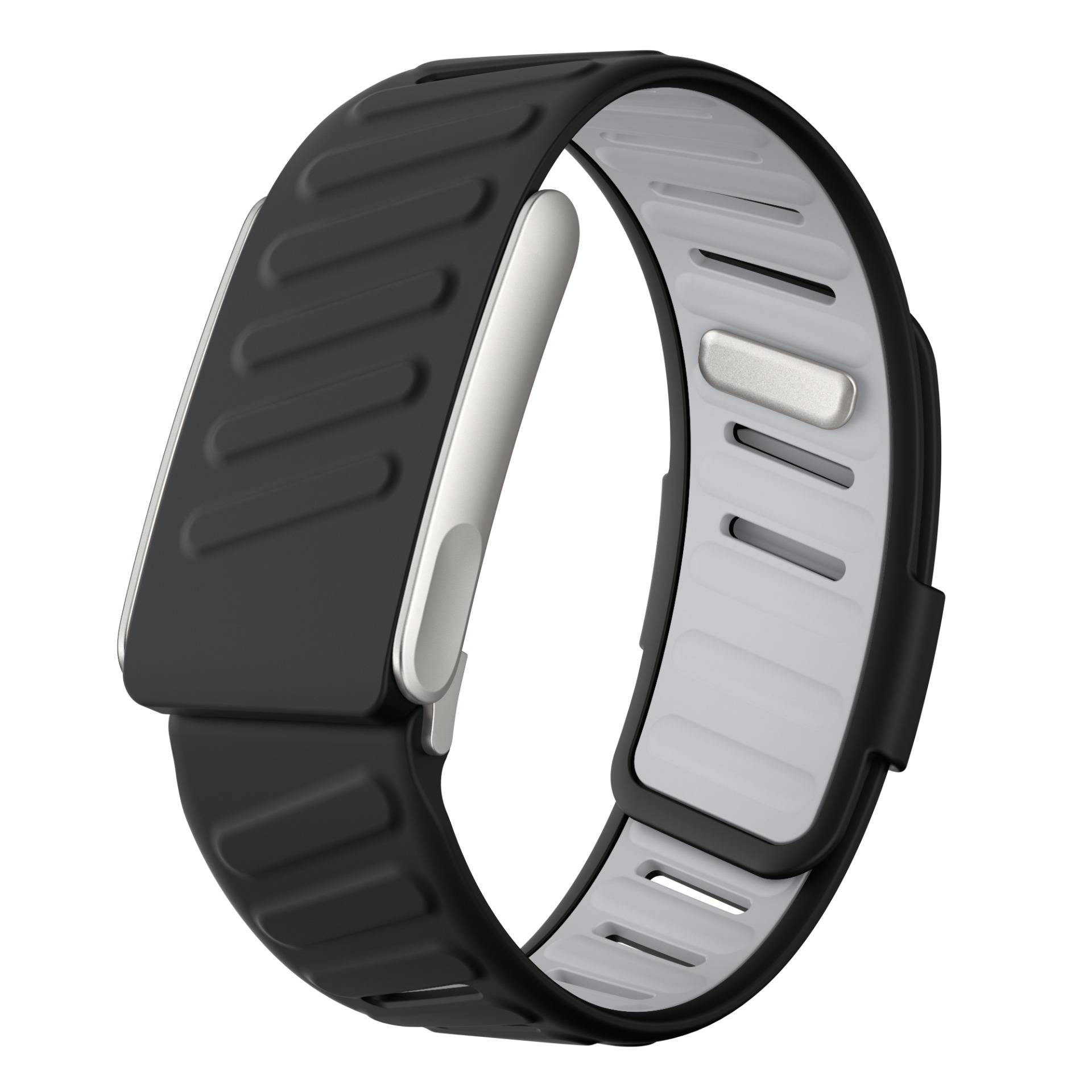 Schwarzes und silbernes Fitness-Armband mit gebogenem Band und Verschluss, gezeigt auf weißem Hintergrund.