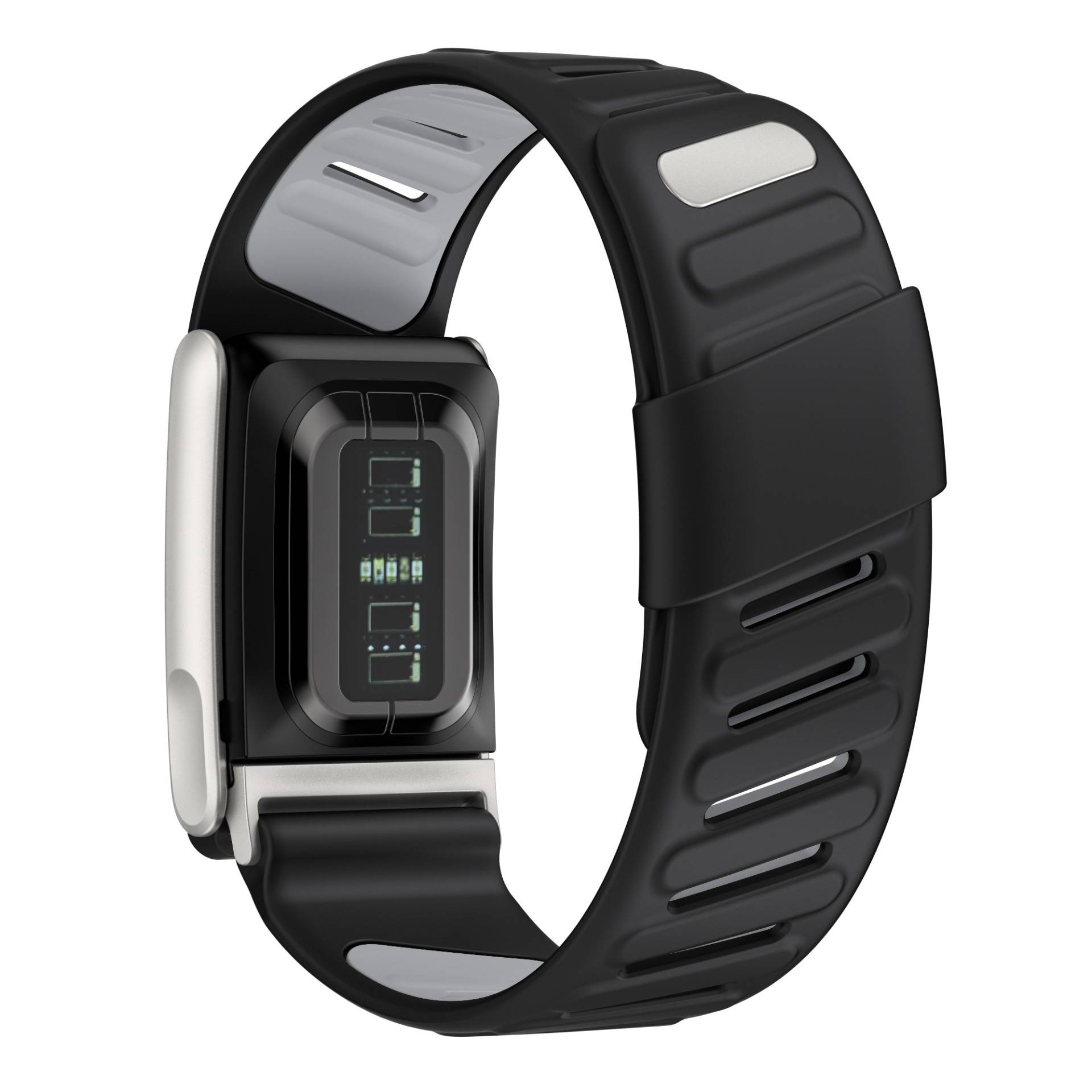 Schwarzes Fitness-Tracker-Armband mit kleinem digitalen Display und silbernem Seitendetail, gezeigt auf weißem Hintergrund.