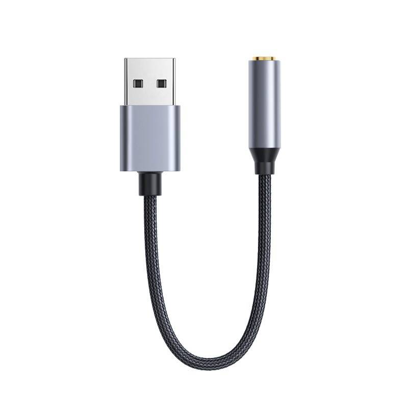 Kurzes geflochtenes USB-Kabel mit USB-A-Stecker an einem Ende und rundem Stecker am anderen Ende, dargestellt auf weißem Hintergrund.