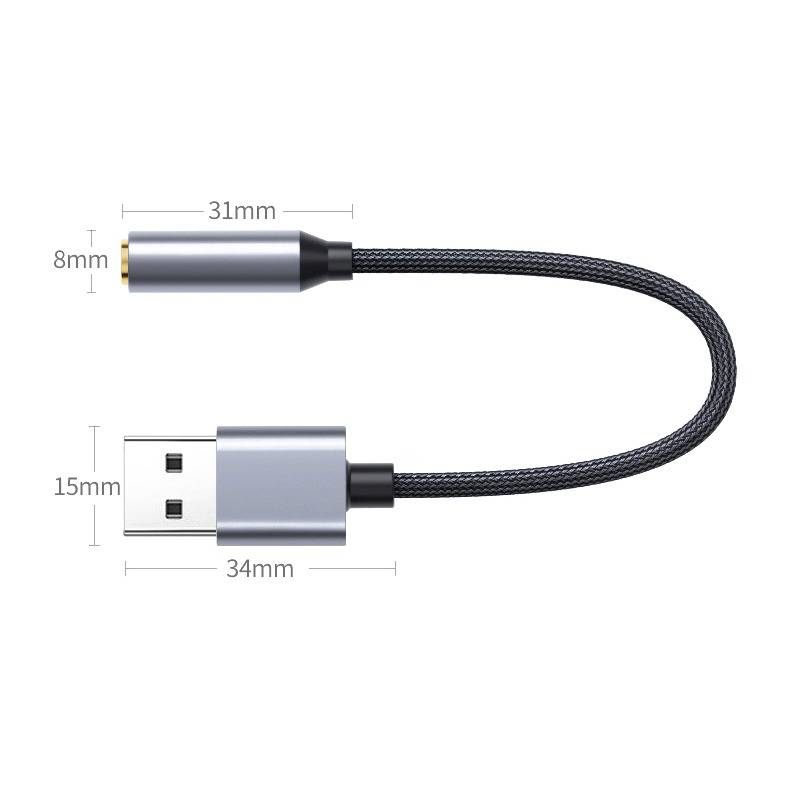 USB-Stecker-zu-3,5-mm-Audioadapter-Kabel, zeigt geflochtenes Kabel und Stecker-Abmessungen mit Beschriftungen 31 mm, 8 mm, 34 mm und 15 mm.