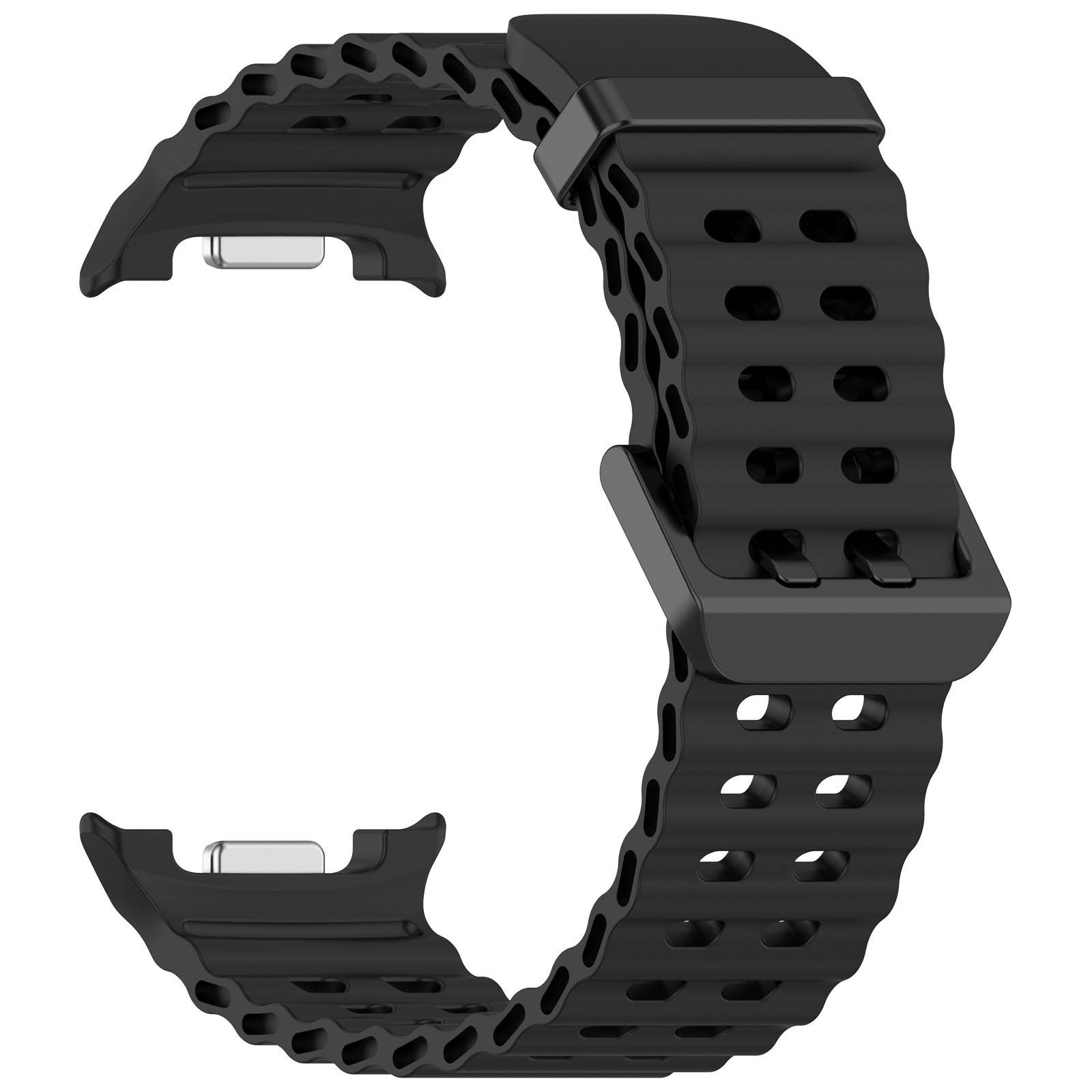 Schwarzes durchlöchertes Smartwatch-Armband mit Metallverbindern und verstellbarer Schließe, isoliert auf weißem Hintergrund dargestellt.