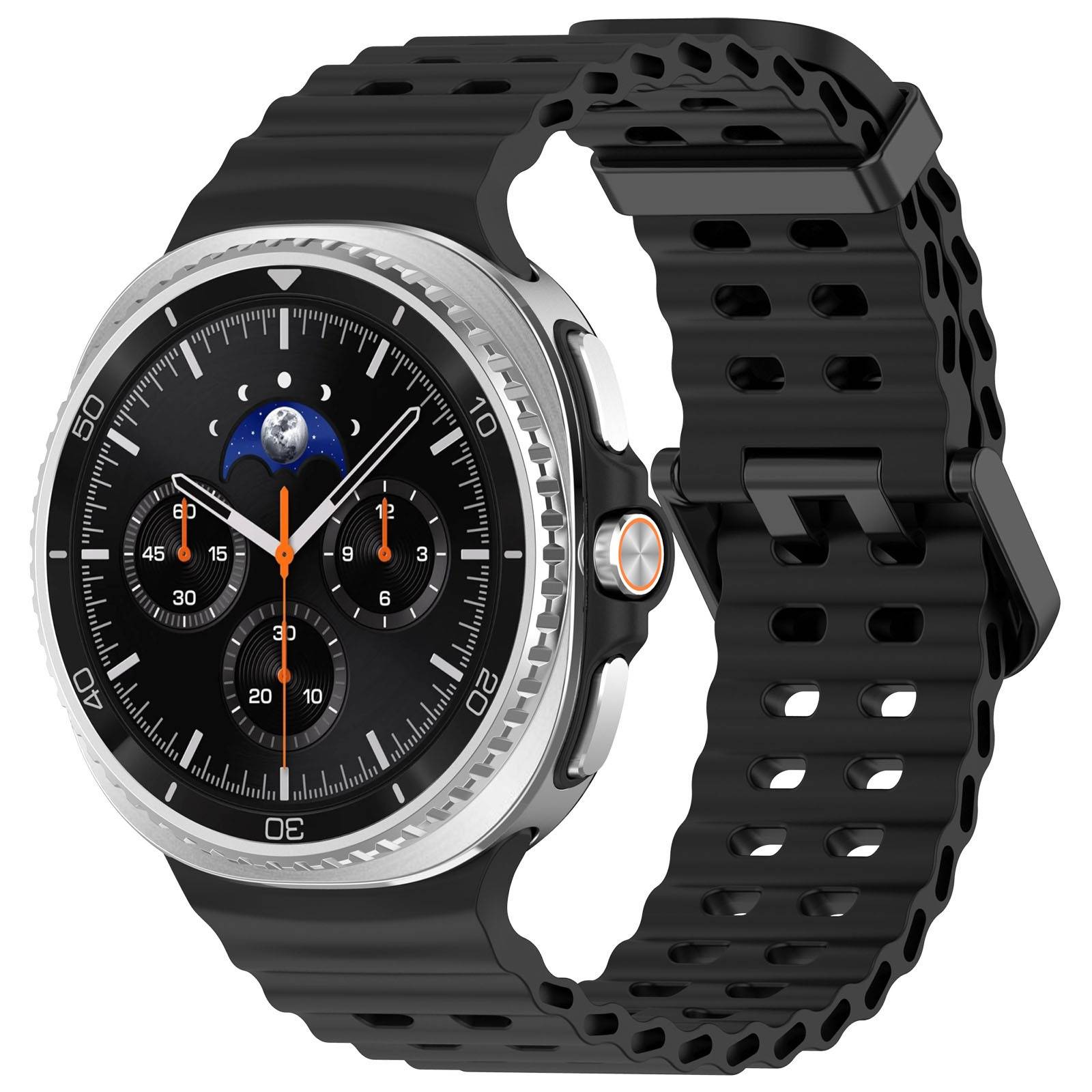 Schwarze Smartwatch mit rundem Zifferblatt im Analog-Stil, orangefarbenen Zeigern und schwarzem Lochband im Sportstil auf weißem Hintergrund.