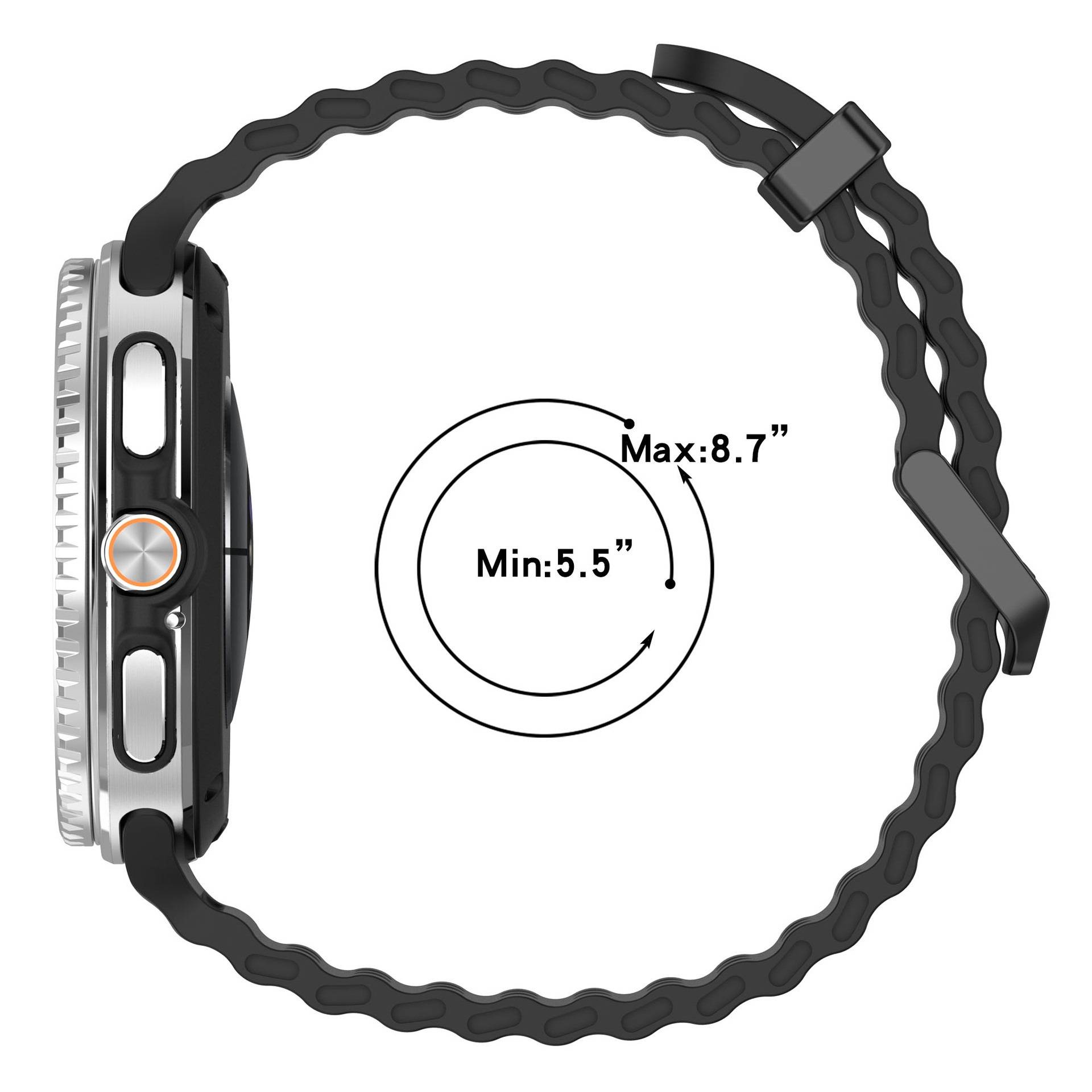 Seitenansicht einer Smartwatch mit schwarzem verstellbarem Armband, das den Handgelenkgrößenbereich anzeigt, Min 5,5" bis Max 8,7"".