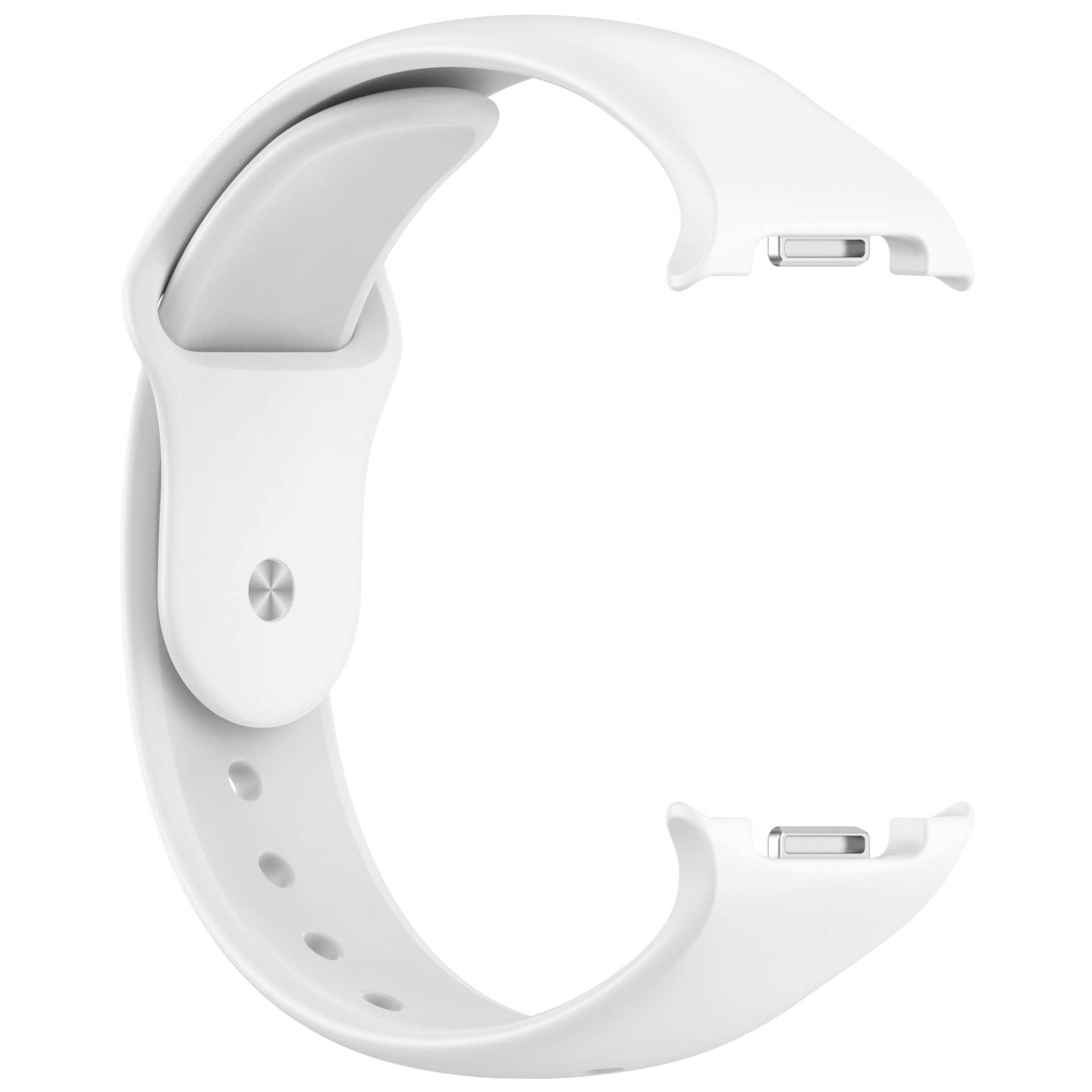 Weiße Smartwatch-Armband oder Armband mit offener Schnalle, isoliert auf weißem Hintergrund dargestellt.