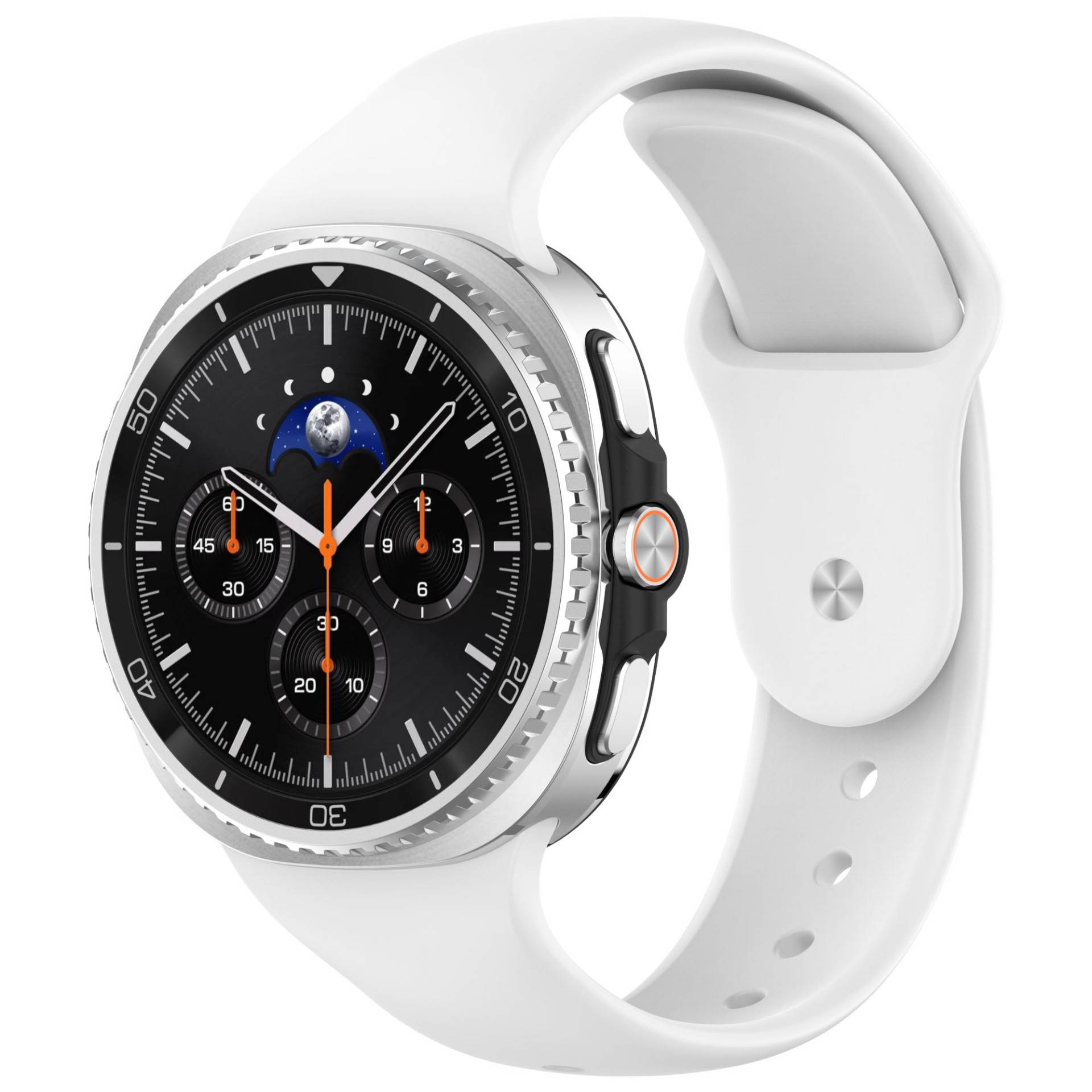 Weiße Smartwatch mit silbernem Gehäuse, schwarzem Zifferblatt im Analog-Chronograph-Stil, orangefarbenen Akzenten und weißem Silikonarmband in Schrägansicht gezeigt.