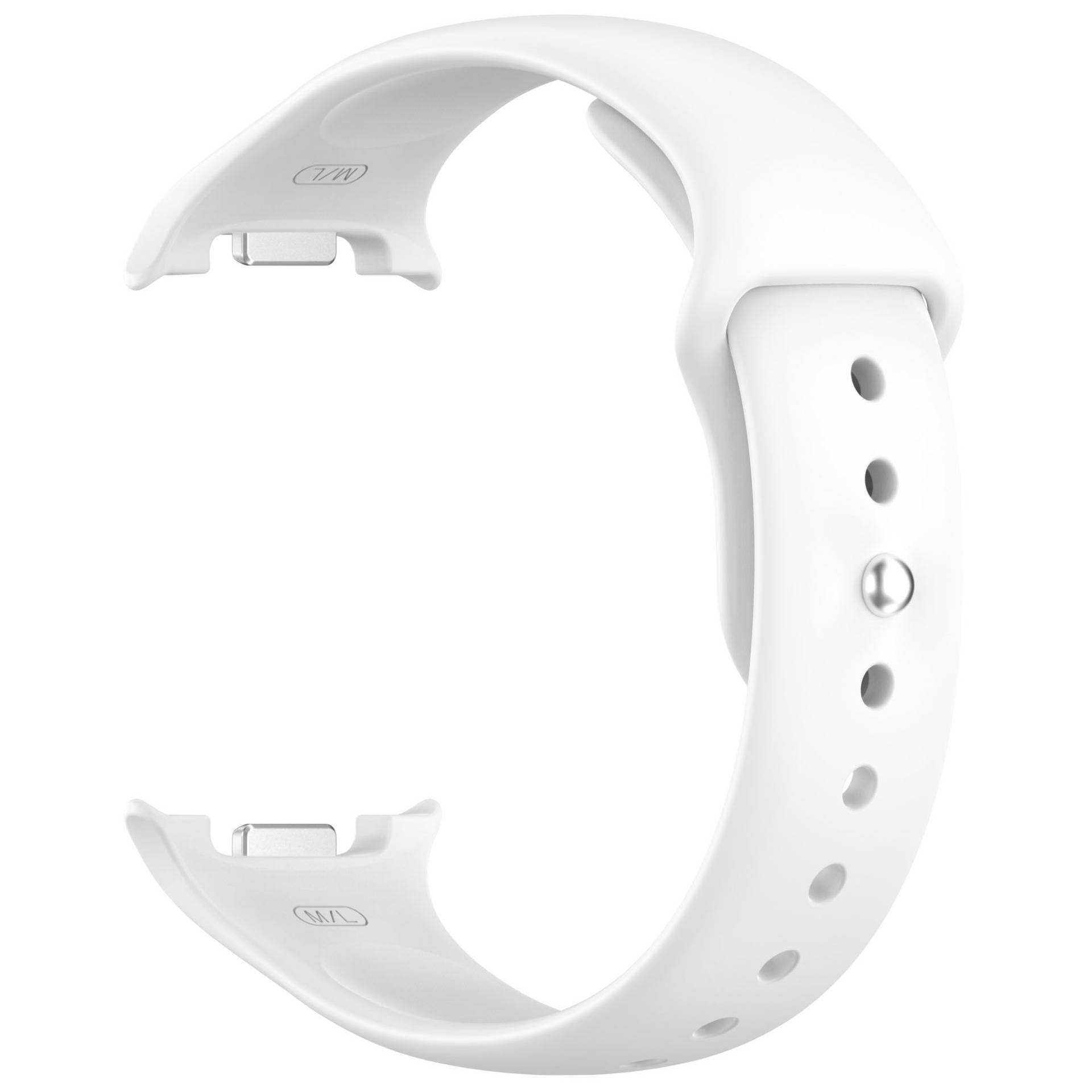 Weiße Silikon-Uhrenarmband in Seitenansicht dargestellt, mit gekrümmten Enden, perforierten Verstelllöchern und einer Schnallenschließe auf neutralem Hintergrund.
