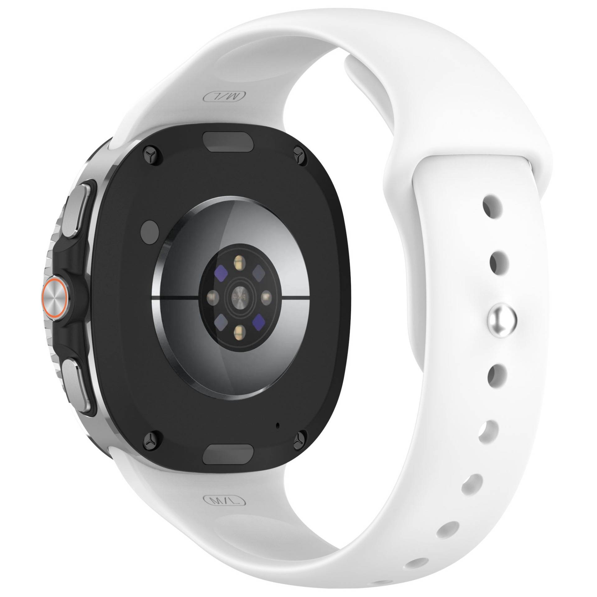 Rückansicht einer weißen Apple-Watch-ähnlichen Smartwatch mit dem runden Sensorbündel und seitlichen Bedienelementen auf dem schwarzen Gehäuse.