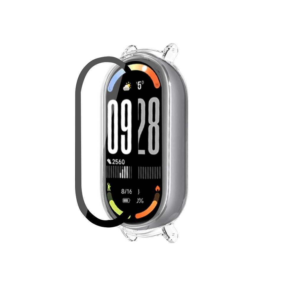Smartwatch-ähnlicher Fitness-Tracker mit schwarzem ovalem Display, das 09:28, Wetter, Schritte und Batteriesymbole anzeigt, in einer klaren Schutzhülle.