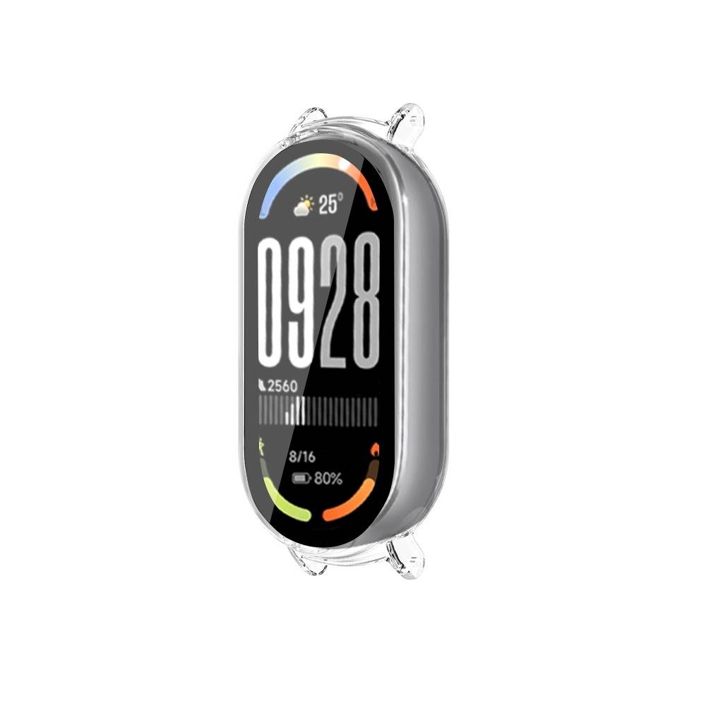 Smartwatch mit ovalem schwarzem Display, das 09:28 anzeigt, Wetter 25°, Schritte 2560, Datum 8/16 und Akku 80% auf weißem Hintergrund.