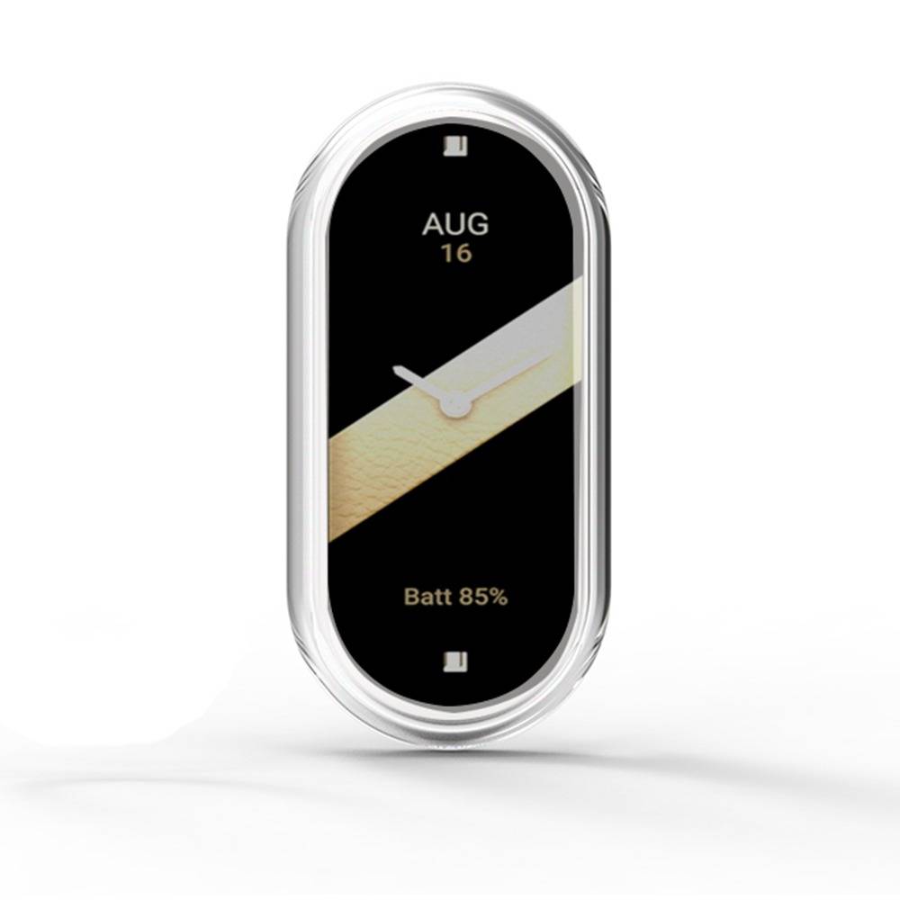 Ovales Smartwatch-Display mit der Anzeige „16. AUG", Zeiger im Analogstil und „Batt 85%"" auf einem schwarzen Bildschirm mit einer goldenen diagonalen Akzentlinie.
