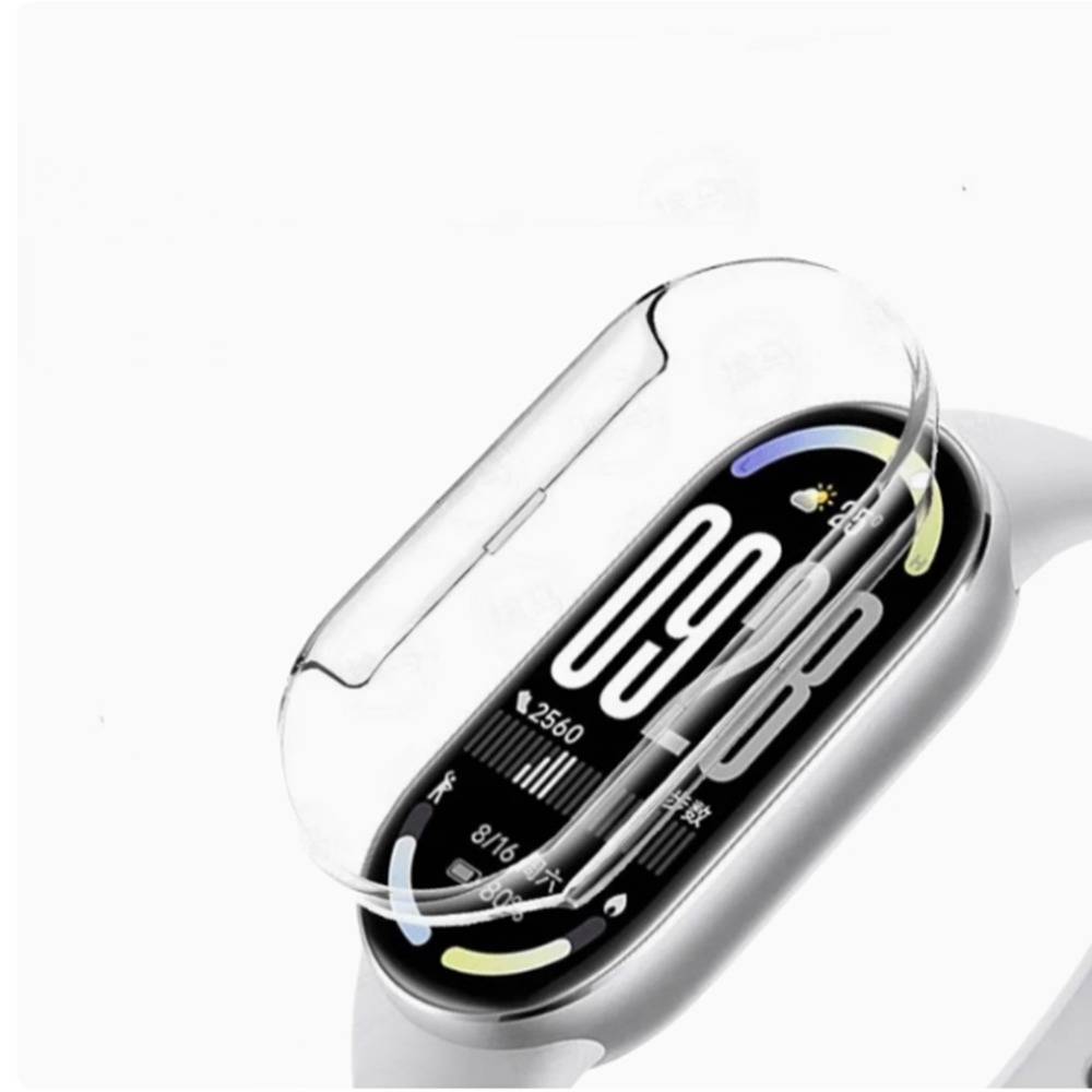Smartwatch mit einem transparenten Schutzetui, das das Zifferblatt und das Armband auf weißem Hintergrund zeigt.