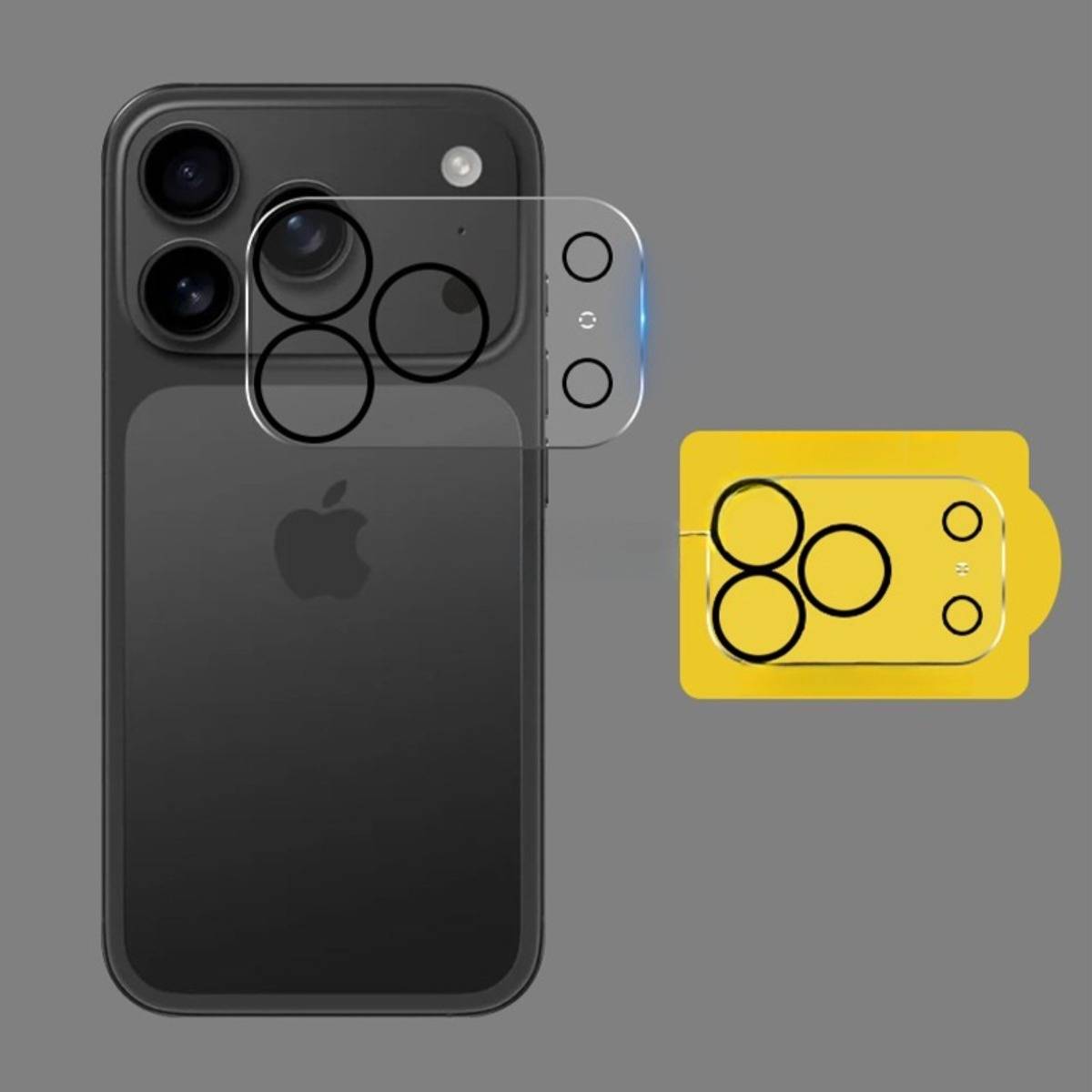Diagramm mit iPhone-Rückkamera-Anordnungen: Ein dunkles Telefon mit großem Dreifach-Kameramodul und überlagerten Objektivausschnittvorlagen, sowie eine gelbe Vorlagenvariante.