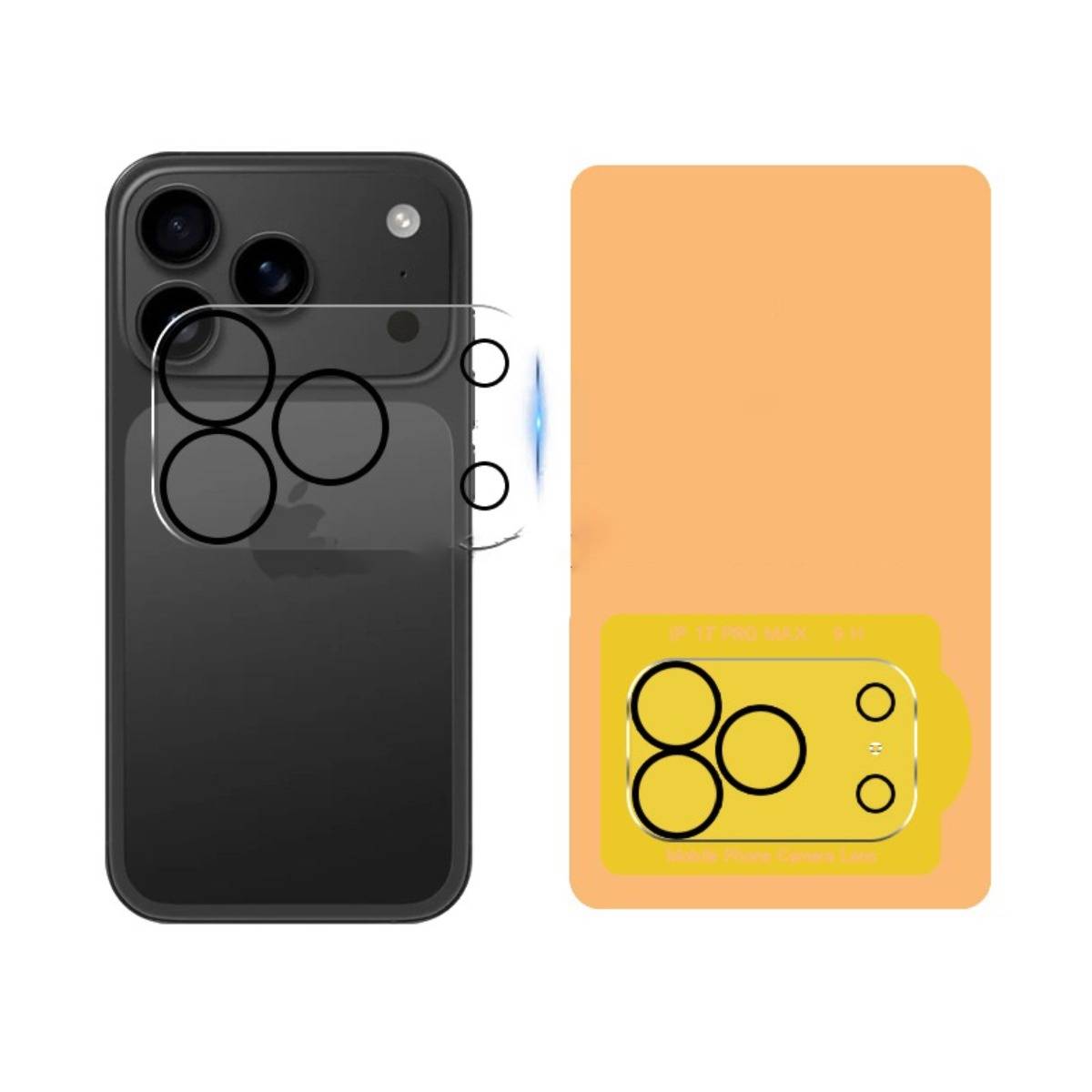 Schutzfolie für Smartphone-Kamera auf einem schwarzen Smartphone dargestellt, mit separaten durchsichtigen und gelben Schutzfolienteilen daneben.