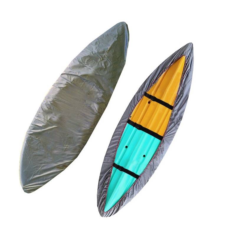 Aufblasbares Kajak shown twice: left is covered, right is uncovered revealing yellow and teal interior sections with black straps.