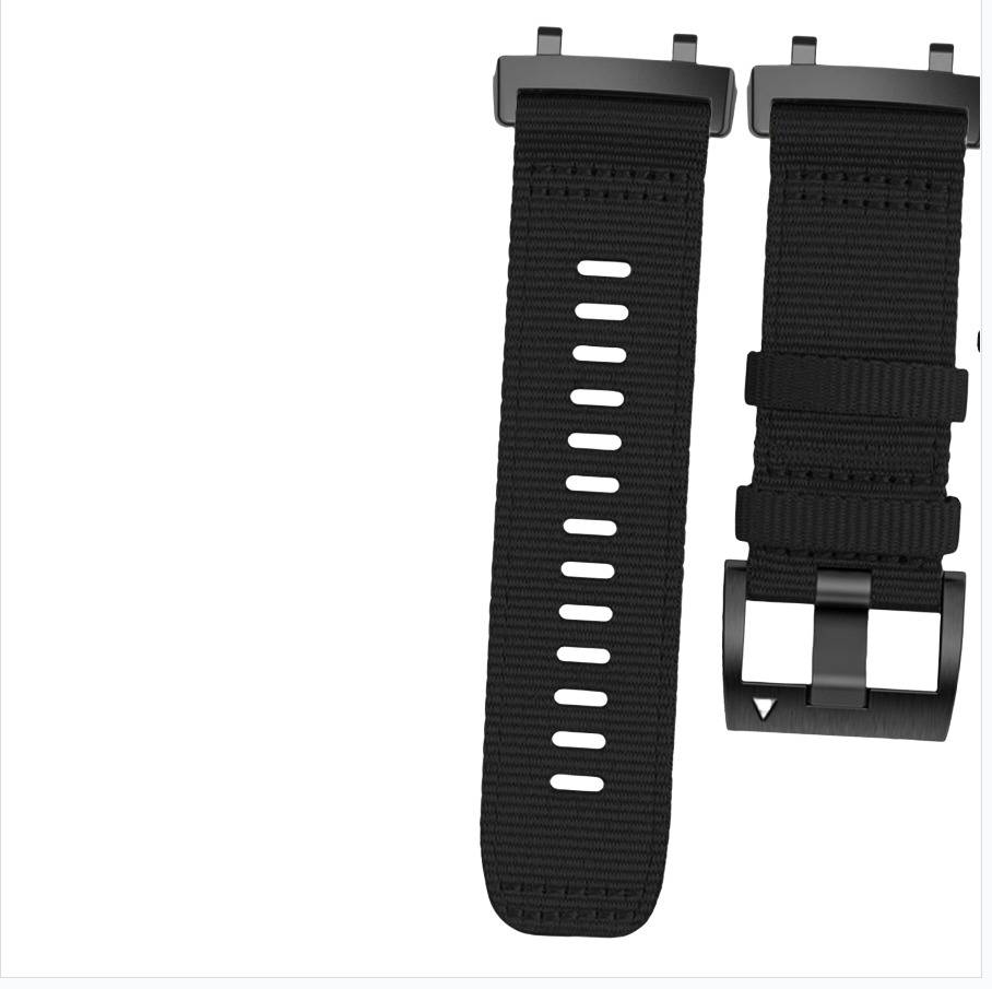 Zwei schwarze Uhrenarmbänder auf weißem Hintergrund, eines zeigt die durchlöcherte Unterseite und das andere ist an einer silbernen Schnalle befestigt.