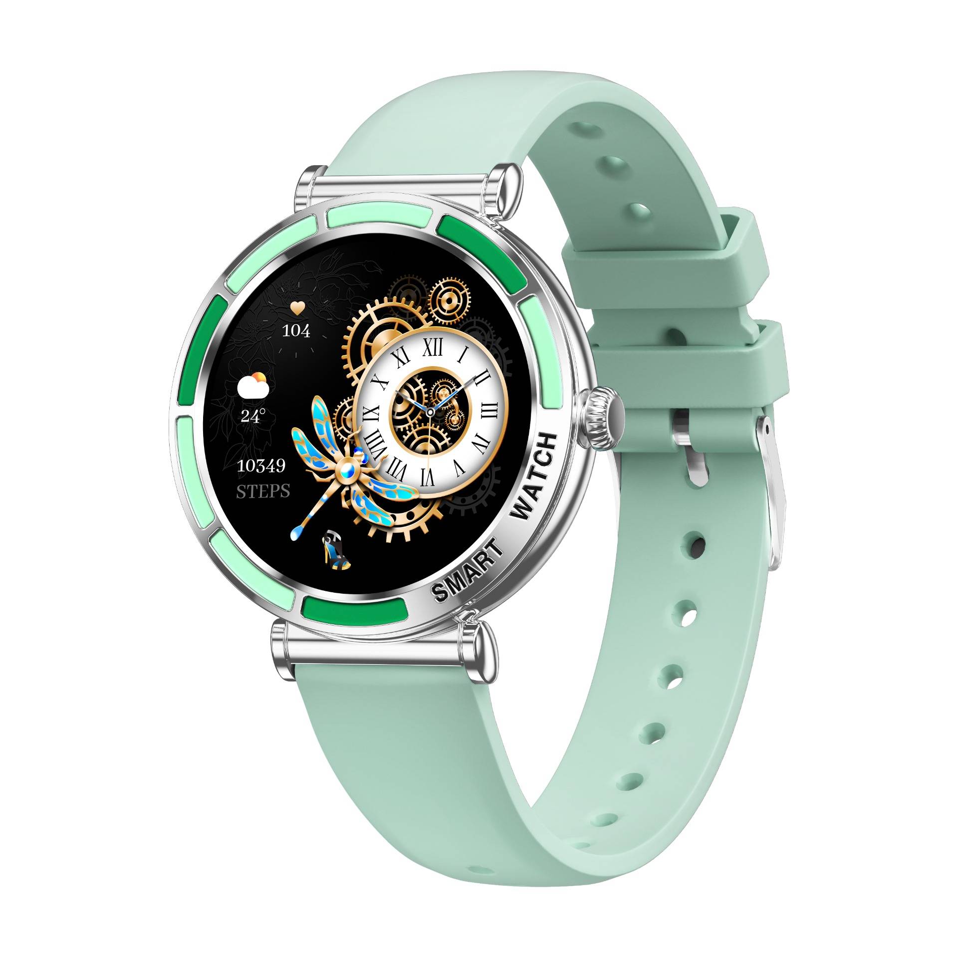 Mintgrüne Smartwatch mit schwarzem analogem Zifferblatt, Schritt- und Wetteranzeigen sowie silbernem Gehäuse und Schnalle