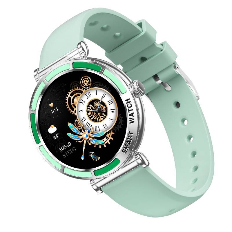 Minzgrüne Smartwatch mit silbernem rundem Gehäuse, schwarzem dekorativem Zifferblatt mit römischen Ziffern und Zahnrädern sowie einem mintgrünen Silikonarmband.