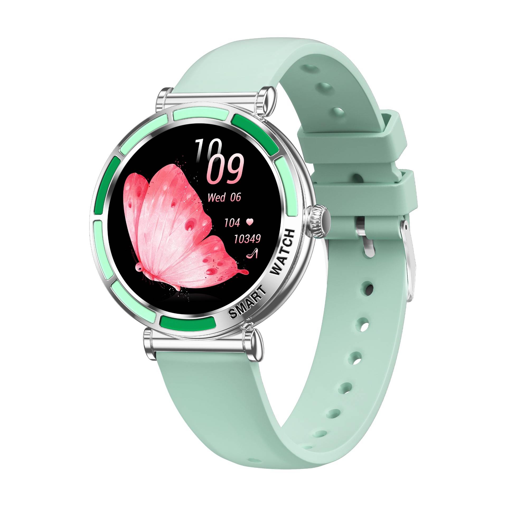 Mintgrüne runde Smartwatch mit rosa Schmetterlingsanzeige, silbernem Lünette und Silikonarmband auf weißem Hintergrund.