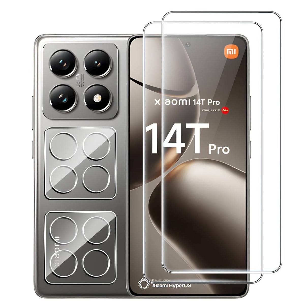 Xiaomi 14T Pro Smartphone von vorne und hinten mit drei Displayschutzfolien dargestellt, wobei das Kameramodul und das Display-Branding hervorgehoben werden.