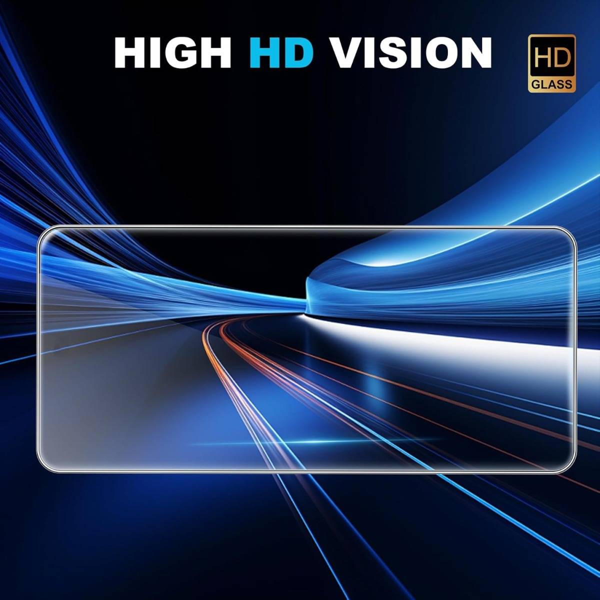 Werbegrafik für „HIGH HD VISION" HD-Glasschutzfolie für Bildschirme, die einen Telefonbildschirm mit einem eleganten Blaues-Licht-Straßenbild und ein „HD GLASS""-Abzeichen zeigt.