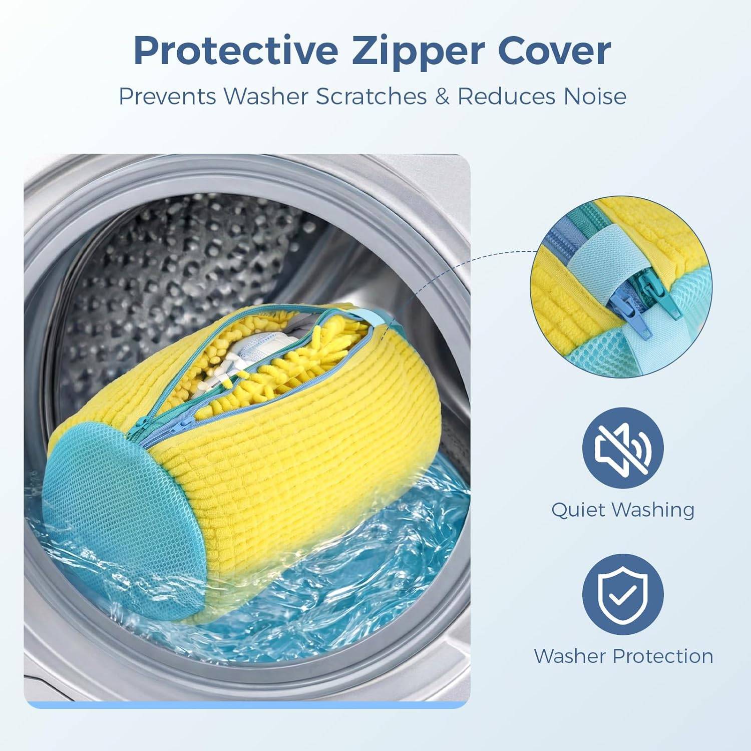 Werbegrafik einer Schutzreißverschlussabdeckung in einer Waschmaschine, gekennzeichnet mit „Protective Zipper Cover