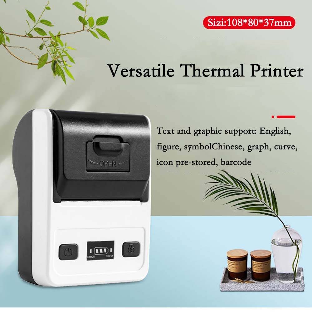 Werbebild eines kompakten, vielseitigen Thermodruckers mit Text-, Grafik- und Barcode-Unterstützung; gezeigt mit Produktabmessungen 108×80×37 mm.