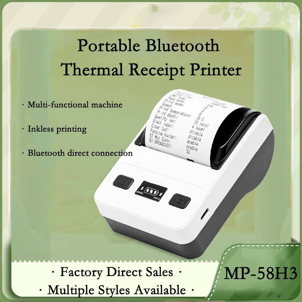 Anzeige für einen tragbaren Bluetooth-Thermodrucker für Quittungen, Modell MP-58H3, mit Abbildung des Druckers und Angaben: multifunktional, tintenloser Druck und direkte Bluetooth-Verbindung.