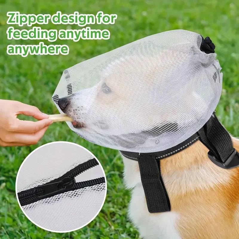 Hund, der einen weißen Mesh-Fresskorb mit Reißverschluss trägt, wird auf Gras ein Leckerli gegeben; Ausschnitt zeigt das Reißverschlussdesign.