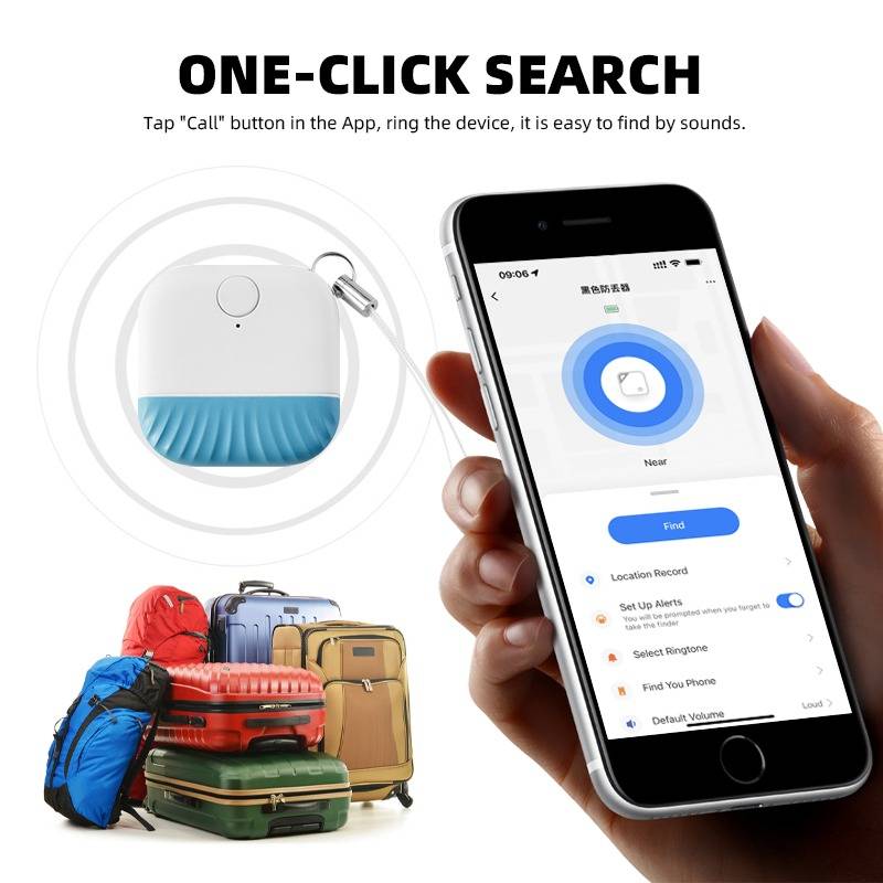 Werbebild für einen Bluetooth-Tracker: Eine Handy-App mit einer Schaltfläche „Finden