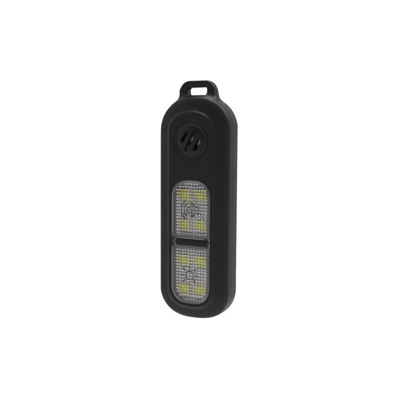 Schwarze tragbare LED-Taschenlampe mit Aufhängeschlaufe, in Vorderansicht auf weißem Hintergrund dargestellt.