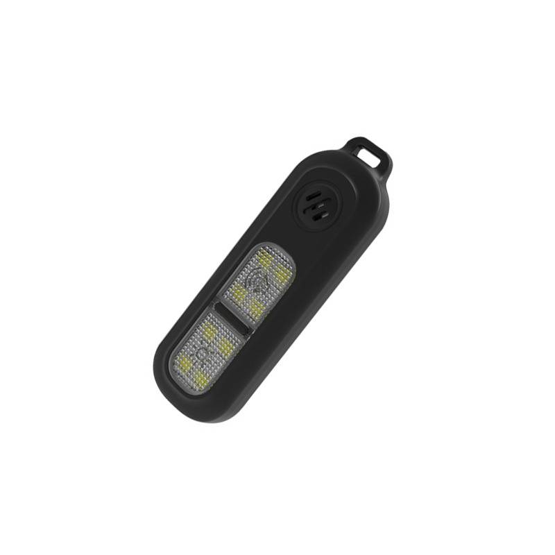 Schwarze tragbare LED-Arbeitsleuchte mit Aufhängeschleife und zwei rechteckigen Lichtpanelen auf weißem Hintergrund