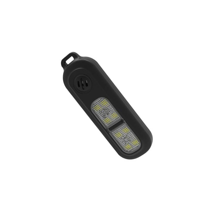 Tragbare schwarze LED-Arbeitsleuchte mit Aufhängeschleife und zwei leuchtenden Paneelen auf weißem Hintergrund
