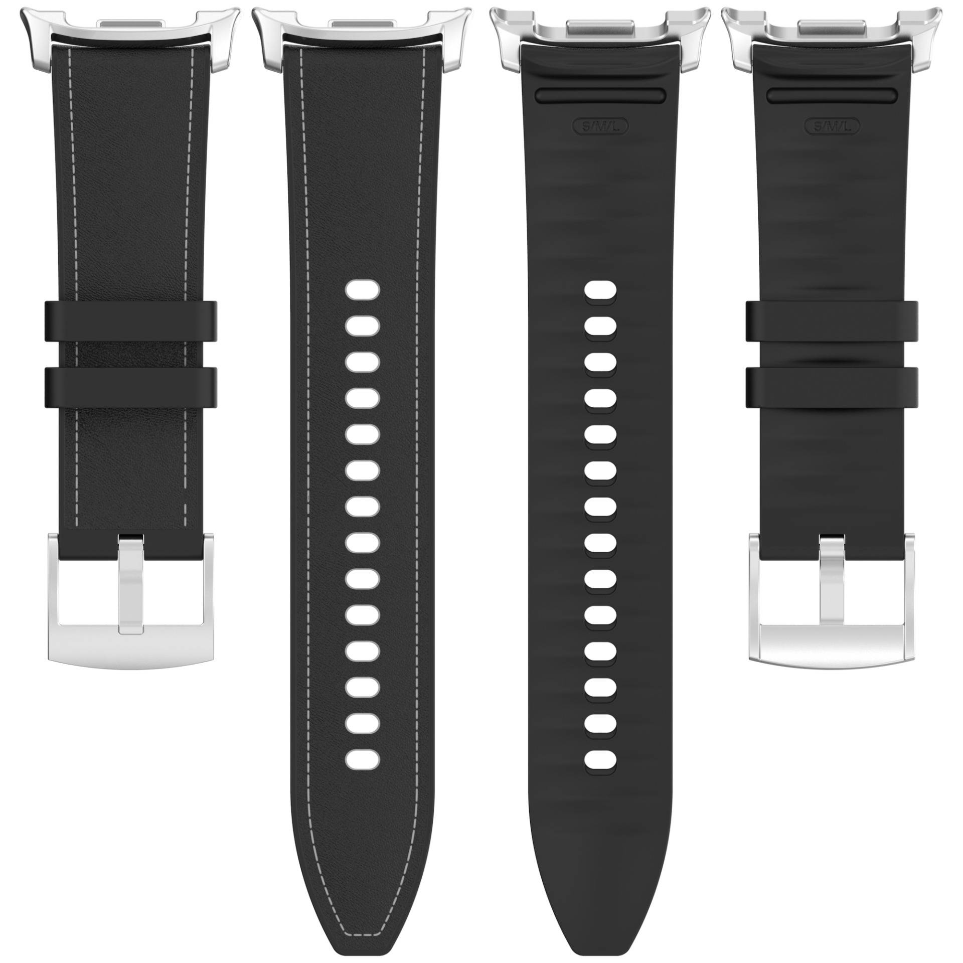 Vier Ansichten eines schwarzen Uhrenarmbands mit silberner Schnalle, die die Vorderseite, Rückseite und das durchlöcherte Armband-Design zeigen.