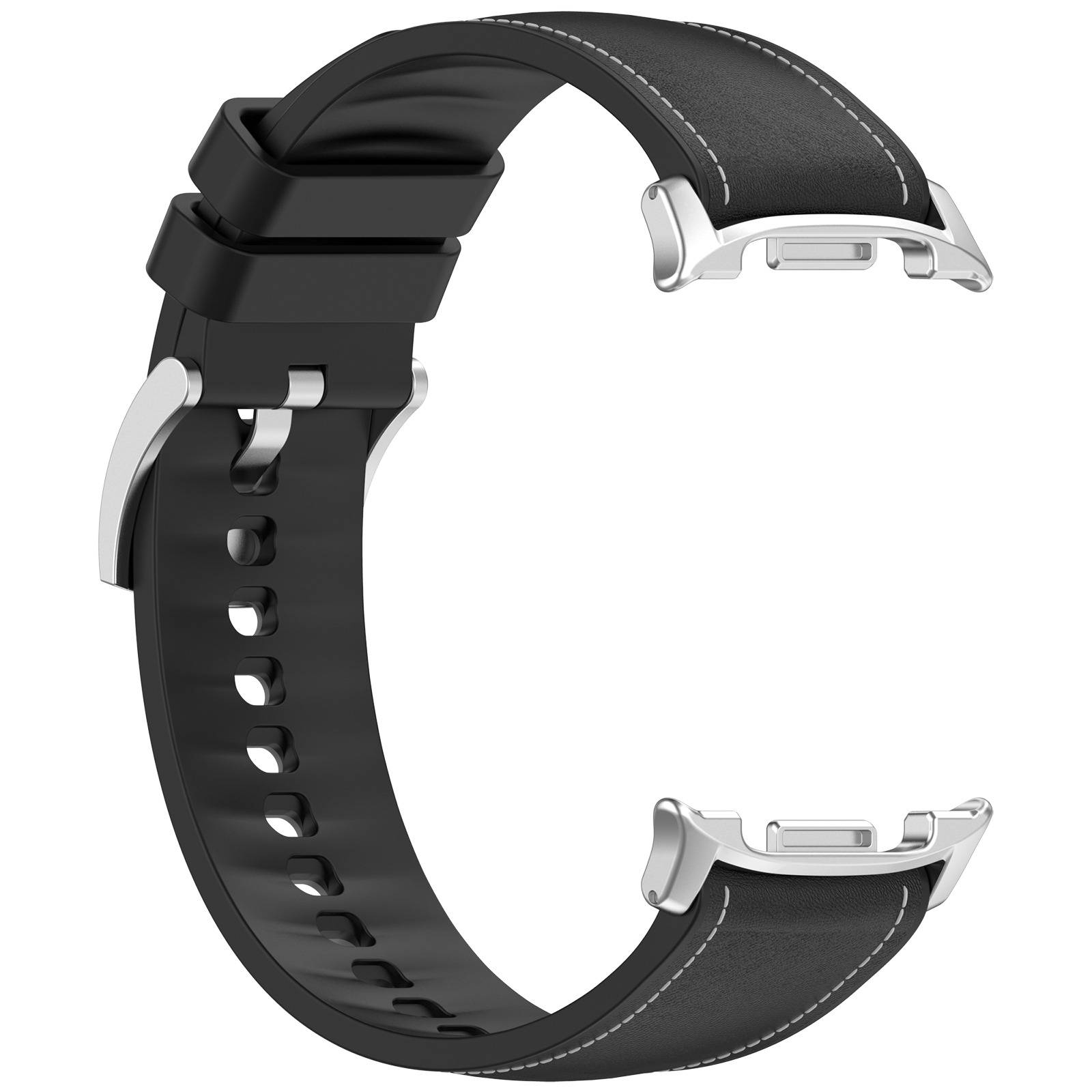 Schwarzes Smartwatch-Armband mit silbernen Metallverschlüssen, isoliert auf weißem Hintergrund dargestellt.