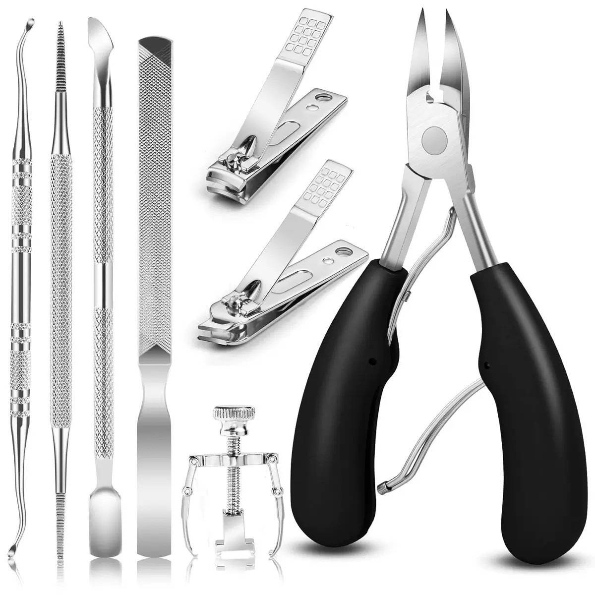 Manikür- und Pediküre-Werkzeugsatz, bestehend aus Pinzetten, Nagelhautschiebern, Nagelknipsern, einer Nagelhautzange und einem Fußnagelknipser.