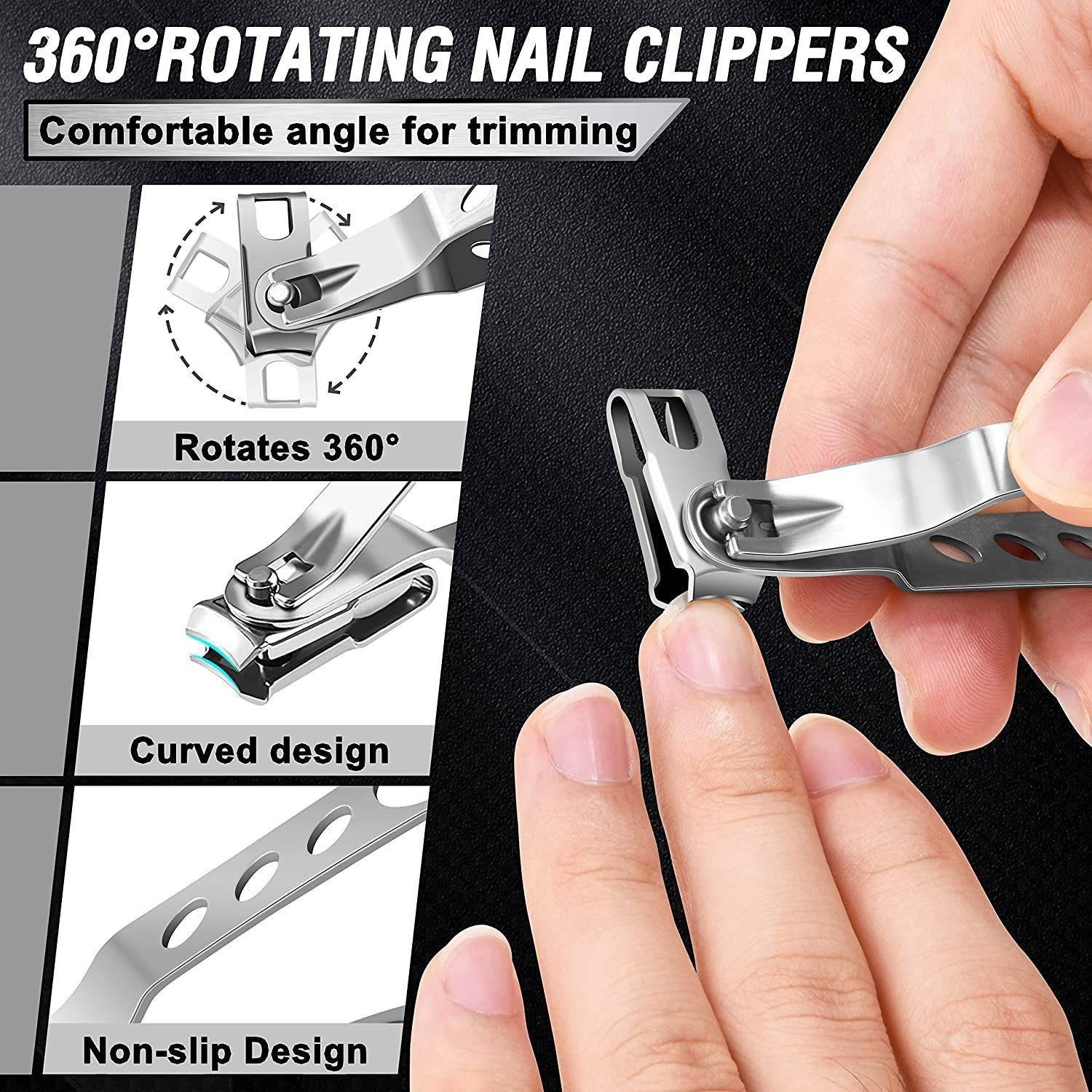 Produktanzeige für „360° drehbare Nagelknipser" mit einer Hand, die den Knipser verwendet; Beschriftungen heben 360-Grad-Drehung, gekrümmtes Design und rutschfesten Griff hervor.