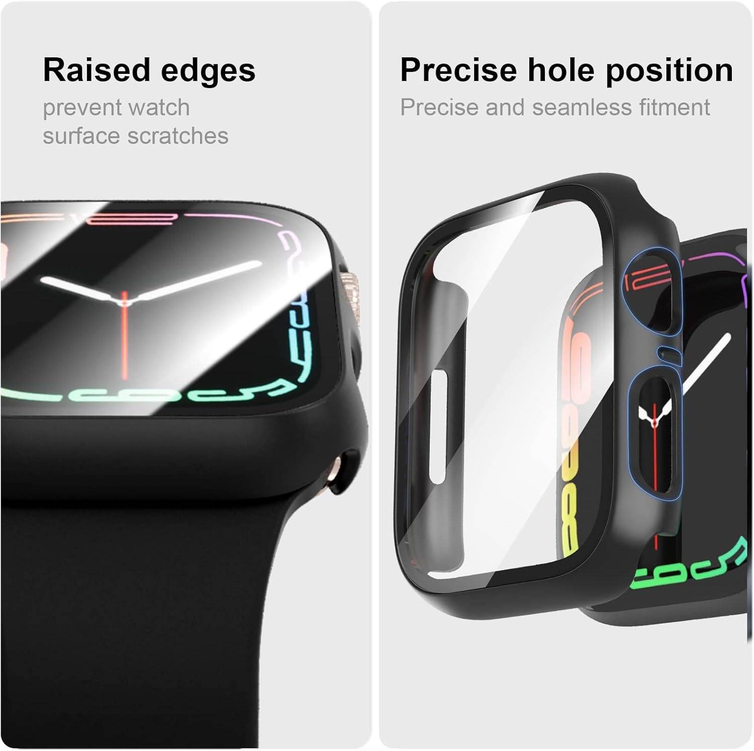 Werbegrafik mit einem Smartwatch-Gehäuse mit erhöhten Kanten zur Kratzervermeidung und präzisen Ausschnitten für eine nahtlose Passform.