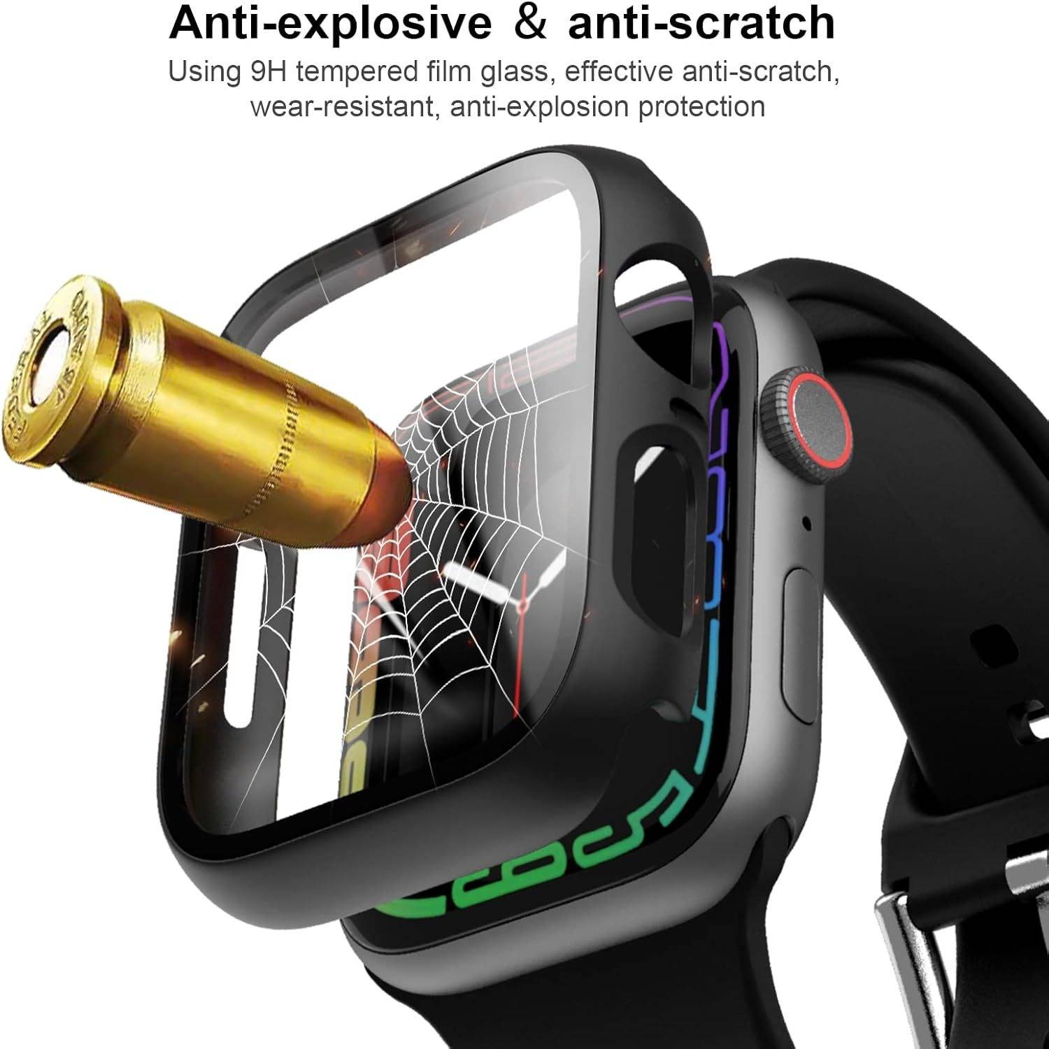 Smartwatch-Displayschutz, der einer Kugel und Schlag widersteht; Text besagt „Explosionssicher & kratzfest" mit 9H gehärtetem Glaschutz.