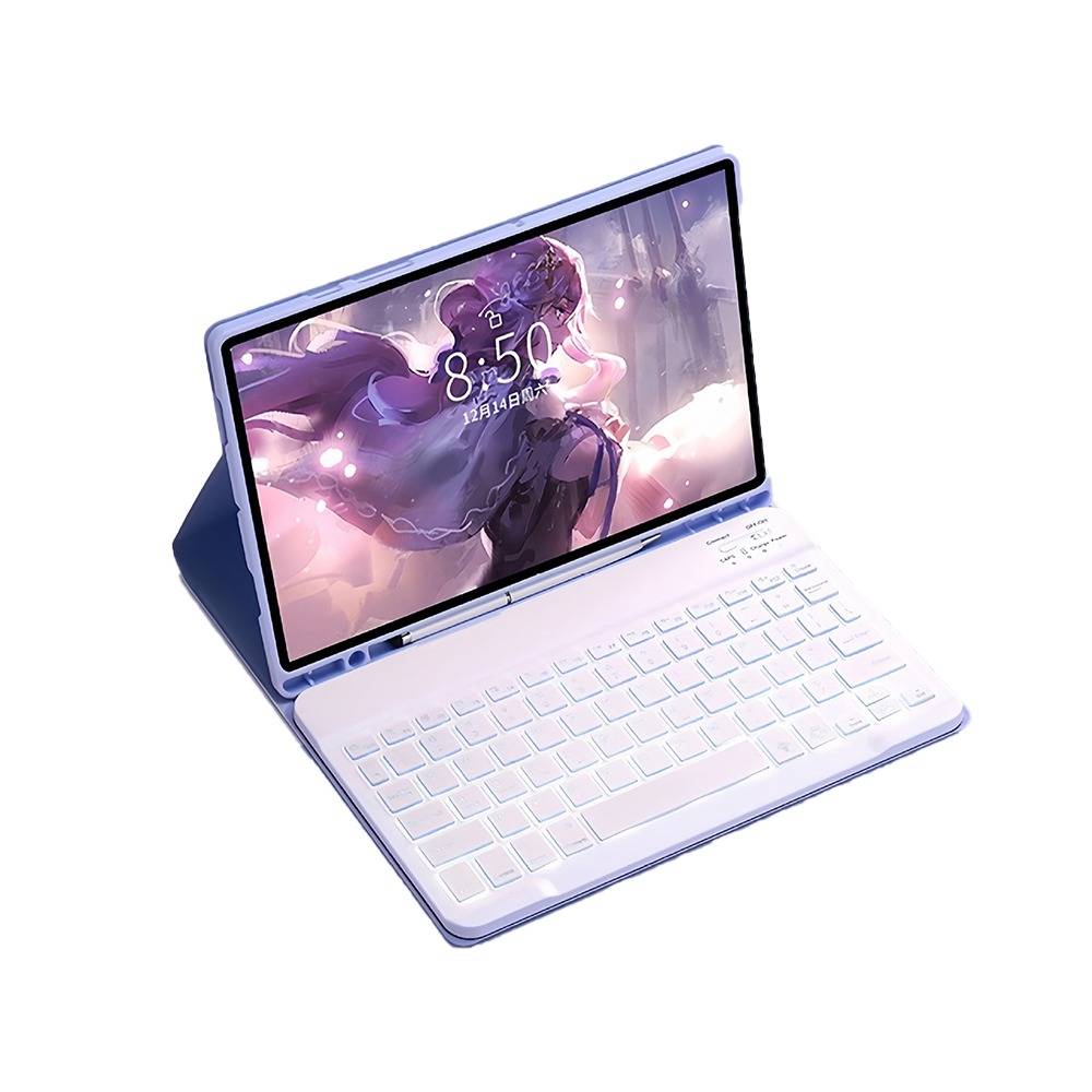 Rosa Laptop-Tablet mit abnehmbarer Tastatur, leicht angewinkelt dargestellt mit Anime-Hintergrundbild auf dem Bildschirm und dunkelbauer Schutzständerhülle.