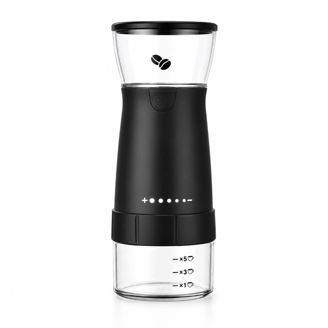 Schwarze elektrische Kaffeemühle mit transparentem Bohnenbehälter und Mahlgutbehälter, gekennzeichnet mit Füllständen x1, x3 und x5.