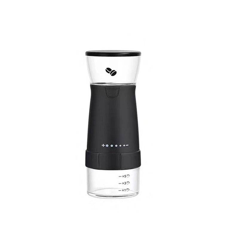 Schwarze elektrische Kaffeemühle mit transparenten Kammern oben und unten, vorderen Anzeigelichtern und einem Bohnensymbol auf weißem Hintergrund.