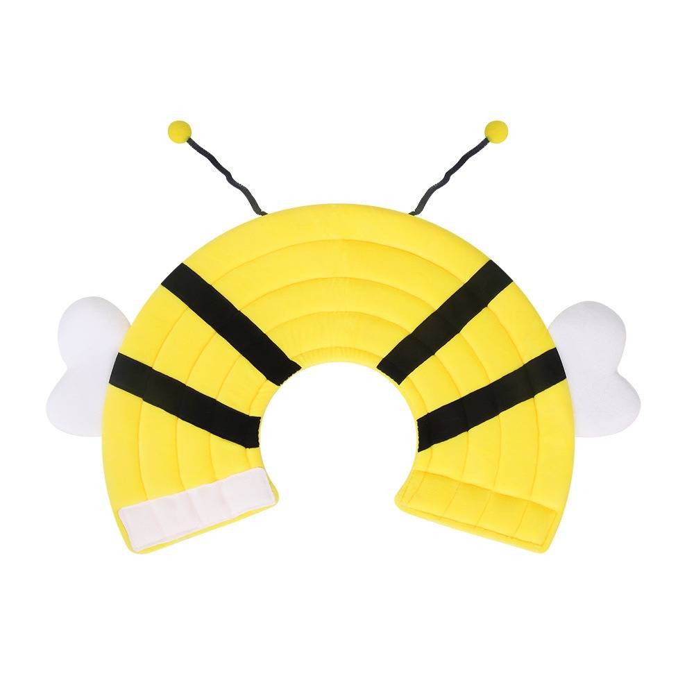 Gelber Bienenkostüm-Kopfschmuck mit schwarzen Streifen, Fühlern und weißen Flügeln, geformt wie eine gepolsterte halbkreisförmige Haube.