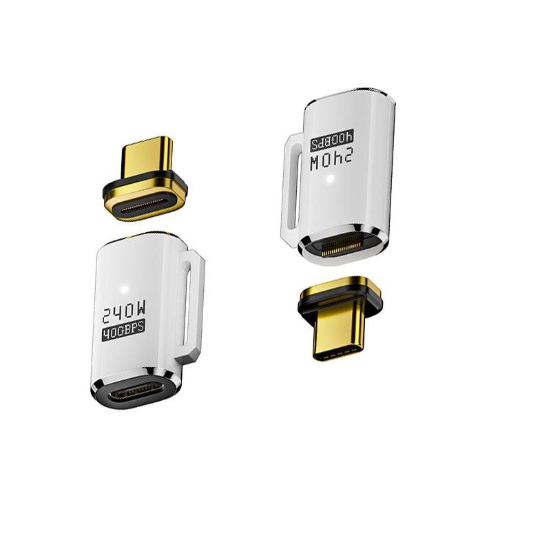 Zwei USB-C-Magnetadapterstecker, die in Gold und Silber gezeigt werden, mit abnehmbaren Enden über und unter jedem Stecker.