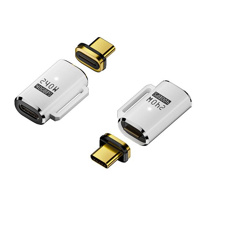Zwei USB-C-Magnetadapter-Hälften in Weiß und Gold, separat dargestellt, um zu zeigen, wie die Steckverbinder zusammenpassen.