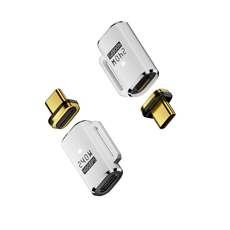 Drei magnetische Ladegerät-Adapter-Sets mit weißen und goldenen Steckverbindern, separat angezeigt, um die USB-C-ähnlichen Enden und Anschlüsse zu zeigen.