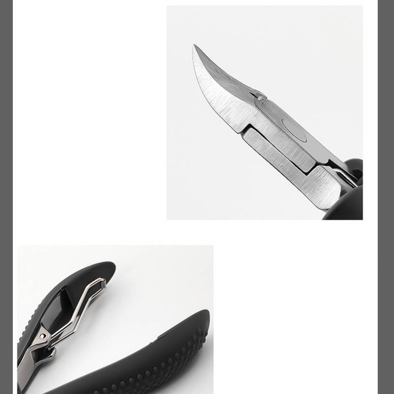 Collage mit Nahaufnahmen einer Nagelschere mit schwarzem Griff, einschließlich der Klinge und des gekrümmten Griffendes.